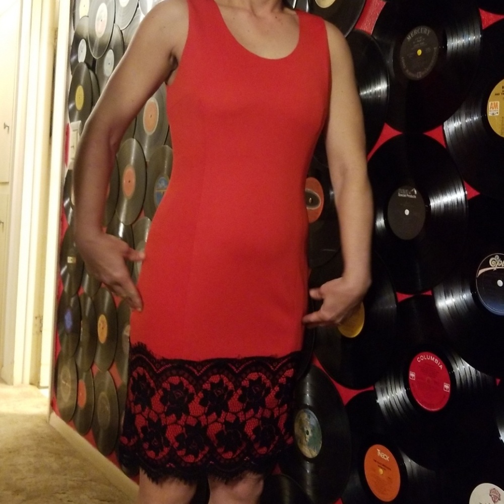 Beautiful Dress Red with black lace trim